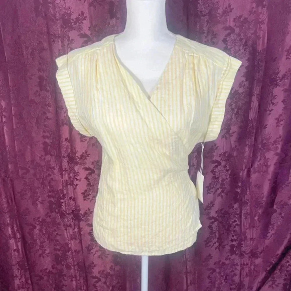 NWT Frame Yellow Striped Linen Wrap Top Women's Size M Summer Beach - Picture 1 of 7